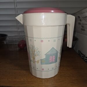 Vintage Cream and Pink Pitcher with House Design